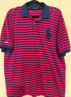 Polo Golf Ralph Lauren XL Performance Pro Fit Big Pony Pink Navy Striped Polo